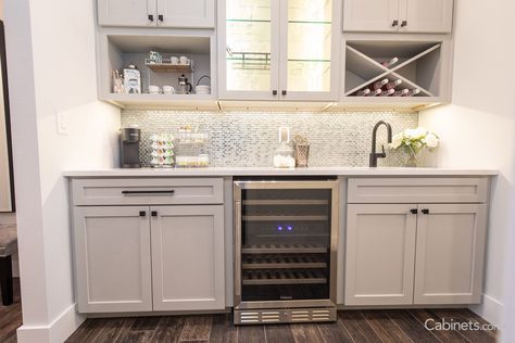 Oyster Gray Wine and Coffee Bar with Glass Doors - Cabinets.com Dining Room Bar Buffet, Coffee And Wine Bar, Wine And Coffee Bar, Country House Kitchen, Built In Buffet, Order Kitchen, Free Kitchen Design, Coffee Bars In Kitchen, Beverage Center