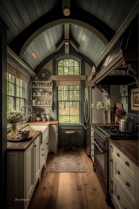 Small Rustic Cottage Interior, Small Cottages In The Woods, 2 Story Living Room Black Windows, Earthy Toned House, Eclectic Nature Decor, Small Witchy Apartment, Historic Renovation Interior Design, Cottage Cozy Kitchen, Country Kitchen Designs Farmhouse Style