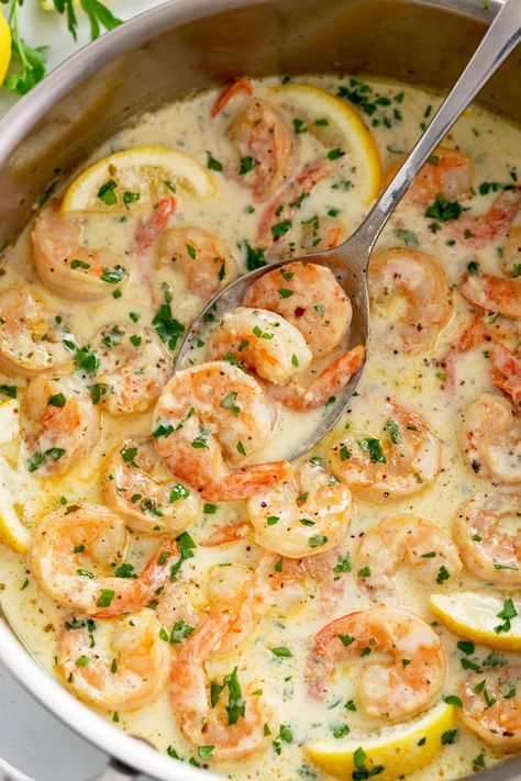 This Creamy Garlic Shrimp is an easy 30 minute meal that you can prepare in a single skillet! Serve this with pasta, rice, crusty bread, and more! Holiday Seafood Recipes, Parmesan Garlic Sauce, Creamy Garlic Prawns, Creamy Shrimp Scampi, Creamy Garlic Shrimp, Lemon Shrimp Pasta, Garlic Butter Shrimp Pasta, The Cozy Cook, Shrimp And Rice Recipes