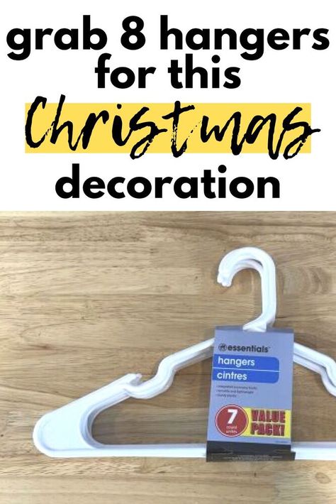 Learn how to make a cute Christmas decoration for $5 with Dollar Tree hangers. Decorate your front door with this easy hanger snowflake. #hangersnowflake #dollarstorechristmas Coat Hanger Christmas Decorations, White Hanger Snowflake, Christmas Hangers Ideas, Coat Hanger Snowflake Diy, Plastic Clothes Hanger Crafts, Hanger Snowflake Diy With Lights, Plastic Hanger Snowflake Diy, Clothes Hanger Snowflakes, Coathanger Snowflakes