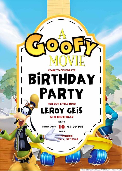 Get 22+ A Goofy Movie Canva Birthday Invitation Templates Calling all Goof Troop members! Get ready for a birthday adventure like no other with our Goofy Movie-themed invitations. Whether you're planning a party for your little one or reliving your own child... A Goofy Movie, Movie Birthday Party, Goof Troop, Movie Birthday, Goofy Movie, Movie Themes, Dance Moves, Movie Characters, Canva Templates