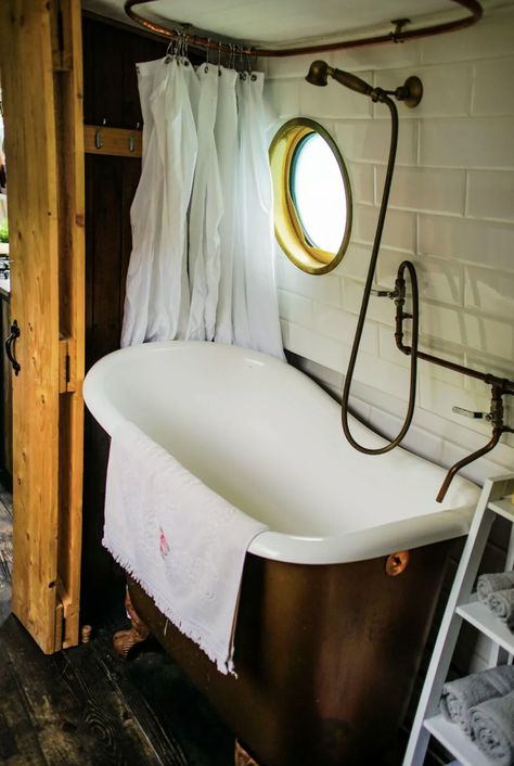 Boat Bathroom, Canal Boat Interior, Stratford London, Barge Boat, Narrowboat Interiors, Canal Barge, Boat Interior Design, Boat House Interior, Eclectic Bathroom