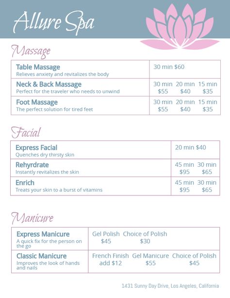 Modern Spa price list design. Spa Menu Ideas Price List, Spa Price List, Therapy Branding, Clinic Poster, Massage Ideas, Hair Salon Prices, Body Essence, Price List Design, Esthetics Room