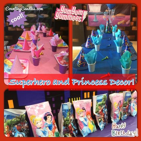 Superhero and Princess Party - Decor Princess And Superhero Party, Superhero Party Bags, Sibling Birthday Parties, Superhero Party Decorations, Combined Birthday Parties, 17th Birthday Ideas, Princess Birthday Party Decorations, Princess Party Decorations, Kids Themed Birthday Parties