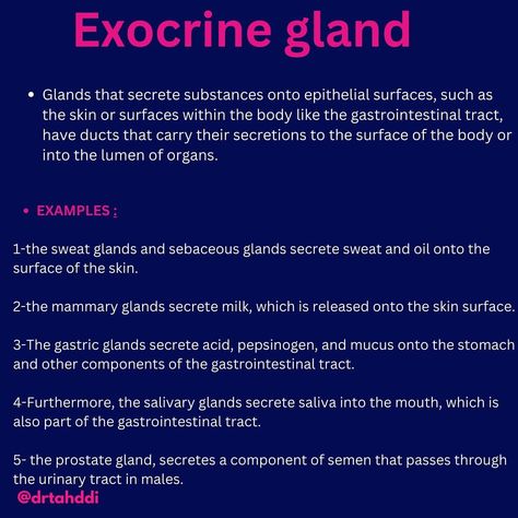 -Exocrine #gland vs #endocrine gland -Don’t forget, at the end, you should answer the questions to test yourself. -Add me on Instagram for more medical lectures ,👉@drtahddi,👉or search the link in bio. #biology #pharma #drtahddi Exocrine Gland, Salivary Gland, Mammary Gland, Sweat Gland, Biology, Link In Bio, The End, Medical, On Instagram