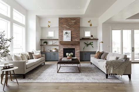 cozy living room painted in Sherwin Williams Snowbound white, vintage spindle end tables // fort & field White Brick Fireplace, Shoji White, Brick Fireplace Makeover, Fireplace Built Ins, Fireplace Remodel, Home Fireplace, Fireplace Makeover, Brick Fireplace, Simple Ideas