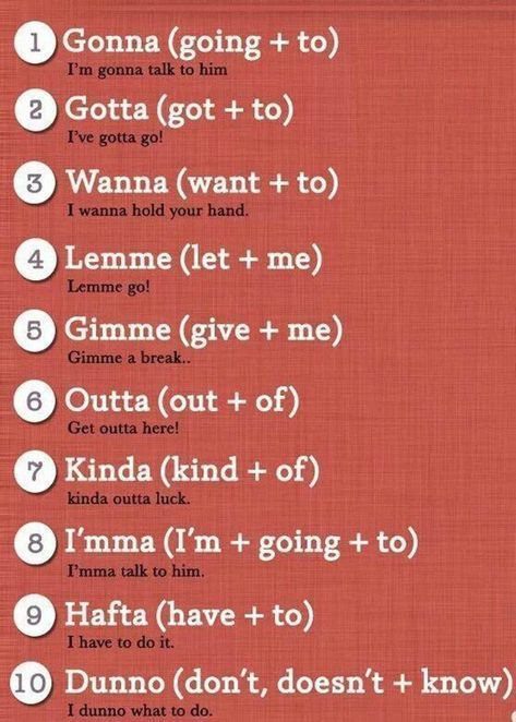 An informal contraction is a word made of two words that are put together and then made shorter, or simply making two words into one. Let's take a look at these below. Tatabahasa Inggeris, English Help, English Learning Spoken, Conversational English, English Verbs, Interesting English Words, Good Vocabulary Words, Good Vocabulary, English Language Teaching