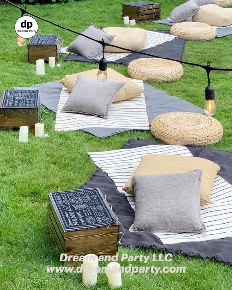 Lounging. Outdoor Movie night setup. Blankets and pillows. Backyard Party. Teen party ideas. Birthday party ideas. Ideas para celebrar en casa. Party ideas that work for adults and kids. Neutral color decor. Beige and gray palette to decor. Fiesta de Cumpleaños. Festa. Bistro Lighting. Birthday ideas for kids. Dream and Party LLC. USA Movie Night Seating, Backyard Movie Night Party, Movie Night Party Ideas, Outdoor Movie Party, Backyard Movie Party, Greek Dinner, Night Party Ideas, Movie Night Birthday Party, Outdoor Movie Night