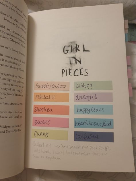 annotated book, annotate, sticky notes, key, girl in pieces Kathleen glasgow Key For Annotating Books, Annotating Books With Sticky Notes, Book Annotation Tab Key, Annotating Books Tips Sticky Notes, How To Use Sticky Notes In Books, Sticky Notes For Books, Book Sticky Notes Guide, Sticky Notes Book Aesthetic, Annotated Books Key