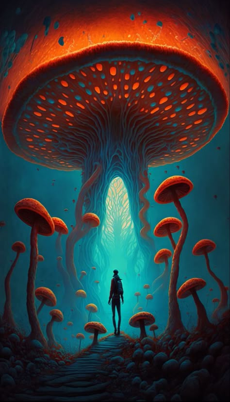 Utopian World Illustration, Mushroom Surrealism Art, Giant Mushroom Art, Trippy Fantasy Art, Infected Mushroom Art, Dreamscape Drawing, Mushroom Spaceship, Fantasy World Art Dreams, Horror Mushroom