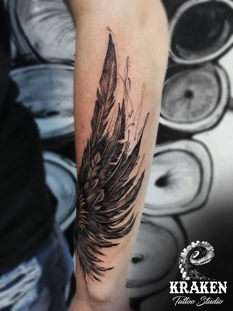 Angel Wings Tattoo Arm Women, Eagle Wing Shoulder Tattoo, Arm Wing Tattoo Women, Fallen Wings Tattoo, Wing Cover Up Tattoos For Women, Wing On Forearm Tattoo, Female Wing Tattoos, Angel Wing Leg Tattoo, Raven Wing Tattoo Feminine