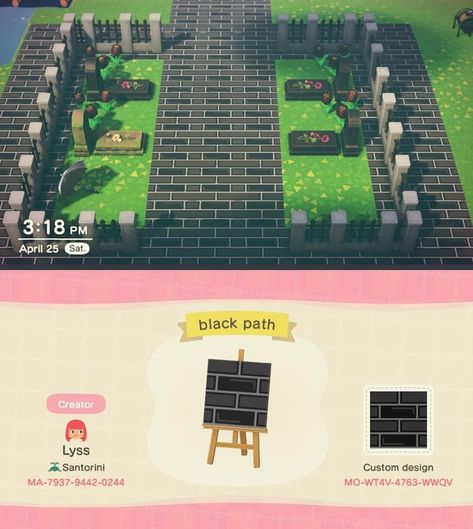 Black Brick Animal Crossing, Black Stone Path Animal Crossing, Black Acnh Path, Acnh Black Stall Design, Black Brick Path Acnh, Animal Crossing Designs Path, Animal Crossing Black Island, Black Path Animal Crossing, Halloween Anch Codes