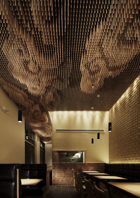 Tsujita restaurant by Takeshi Sano, Los Angeles store design Interior Ceiling Design, Hotel Inspiration, Ceiling Detail, Ceiling Treatments, Ceiling Installation, Hotel Interior Design, Wooden Ceilings, Jw Marriott, Hotel Interior