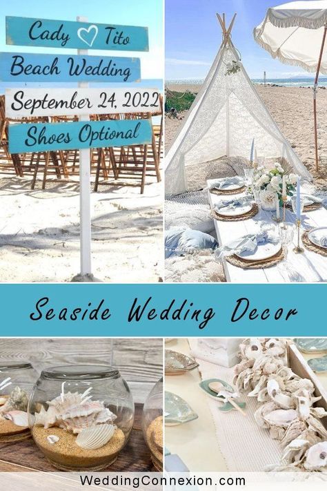 Seating For Beach Wedding, Oceanfront Wedding Ceremony, Beach Wedding Reception Ideas Outdoors, Diy Beach Wedding Decorations, Seaside Wedding Ideas, Beach Wedding Decor Ideas, Simple Beach Wedding Ideas, Seaside Wedding Decor, Fall Beach Wedding