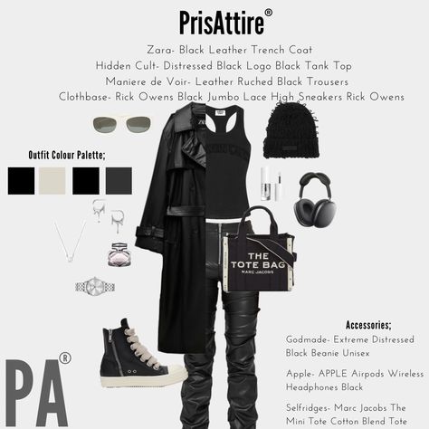 Rick Owens Outfit, Black Beanie, High Sneakers, Black Headphones, Leather Trench Coat, Black Trousers, Pretty Selfies, Mini Tote, Lookbook Outfits