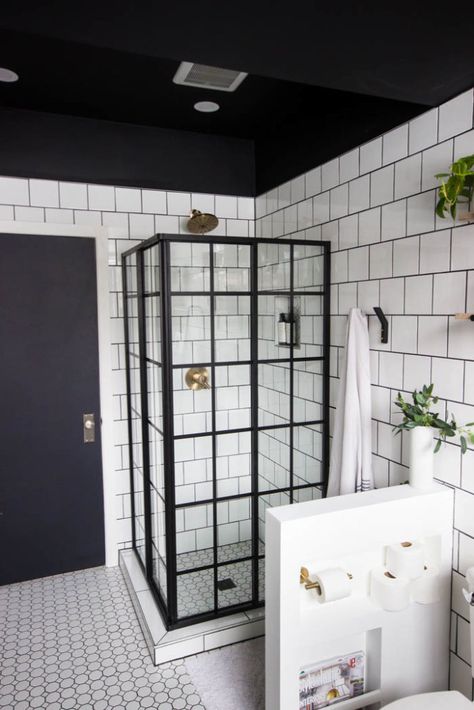 Wow! This modern Bathroom Reveal is absolutely stunning! What a gorgeous space! Everything from the black tub and shower frame, the champagne bronze faucets, and the wood vanity to the black ceiling and built-in storage units! What an incredible transformation! #modernbathroom #paintedceiling #blackceiling #blackandwhite #bathroom #remodel #renovations Bronze Faucets, Shower Frame, Dreamline Shower Door, Dreamline Shower, Black Tub, Bathroom Transformation, Bilik Mandi, Bad Inspiration, Industrial Bathroom