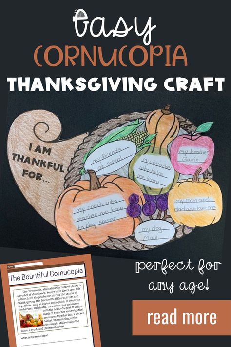 This easy printable conucopia Thanksgiving craft is perfect for all ages. An informational reading passage about the cornucopia is included with this activity. Comprehension questions cover main idea, supporting details, close reading, and more! #elementary #thanksgivingcraft #cornucopia Thanksgiving Crafts Cornucopia, Cornucopia Crafts For Kids, Thanksgiving Crafts For Second Grade, Cornucopia Art Projects For Kids, Cornucopia Craft For Kids, Cornucopia Template, Cornucopia Craft, Main Idea Supporting Details, Gratitude Activity