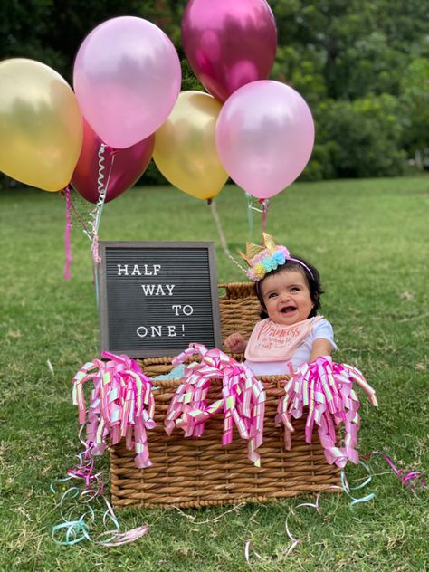 6 Month Bday Celebration Ideas, Half Birthday Photo Ideas, 6month Birthday Ideas, Half Way To One Party Ideas, Half Birthday Girl Ideas, Six Month Birthday Photoshoot, Half Way To One Ideas, 6 Months Baby Girl Photoshooting Ideas, Half Year Birthday Decoration Ideas