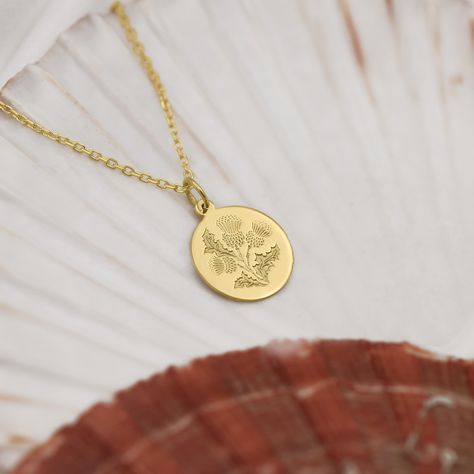 14K Solid Gold Scottish Thistle Necklace - Celtic Jewelry, Highland Heritage Pendant, Thistle Charm, Scottish Clan Gift, Floral Jewelry Thistle Jewellery, Thistle Necklace, Thistle Design, Celtic Traditions, Celtic Heritage, National Flower, Heritage Jewellery, Scottish Thistle, Solid Gold Necklace