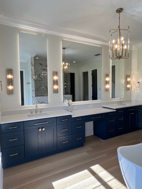 Primary Bathroom Mirror, Large Primary Bathroom Ideas, Bathroom With Built In Vanity, Double Vanity With Makeup Area, Back Lit Mirror Bathroom, Large Bathroom Mirror Ideas, Lit Mirror Bathroom, Transitional Bathrooms, Master Bath Lighting