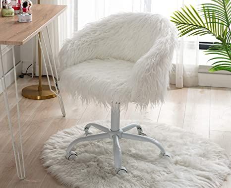 White Desk Chairs, White Fluffy Chair, White Vanity Chair, Chair For Desk, Fluffy Chair, Office Vanity, Cute Desk Chair, Night Lamp For Bedroom, Unique Nightstand