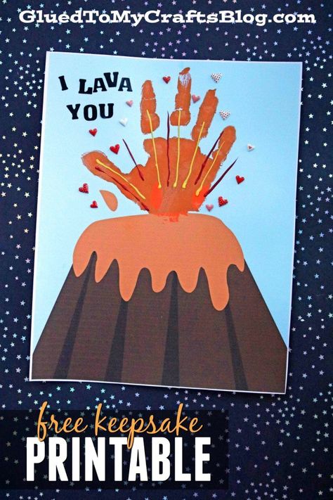 I Lava You - Handprint Volcano Keepsake Printable #gluedtomycrafts Kid Craft Idea Handprint Volcano, Keepsake Printable, Handprint Printable, Kids Fathers Day Crafts, Toddler Valentine Crafts, February Crafts, Baby Art Projects, Footprint Crafts, Valentine's Day Crafts For Kids