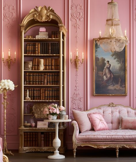 Reading Room Decor | Reading Room  Ideas Cozy small Pink French Office, Brigerton Inspired Room, Rococo Apartment Aesthetic, Brigerton Interior, French Princess Room, Bridgeton Room Aesthetic, Princesscore Living Room, Bridgerton Room Decor Ideas, Regency Room Decor