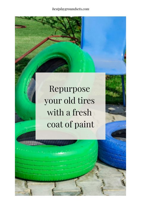 Enhance your garden with a pop of color by repurposing old tires! Learn how to paint tires for your garden using spray paint designed for rubber materials. Transform plain tires into eye-catching planters or outdoor decor pieces with this simple DIY project. Enjoy a fun and creative way to give new life to old items while adding a unique touch to your outdoor space. Get inspired and get started on painting those old tires today! Sandbox Under Swingset, Painting Tires, Playground Diy, Sealing Wood, Painted Tires, Playground Set, Tire Swing, Diy Playground, Wooden Playset