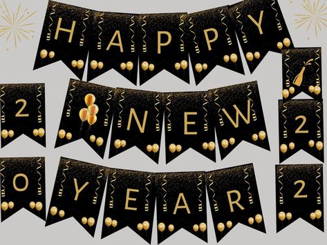 Happy New Year Banner 2022 New Years Theme PRINTABLE A4 image 1 Happy New Year Banner Printable Free, New Years Theme, New Years Eve Celebration, Happy New Year Letter, New Year Printables, Christmas Activity Book, Banner Black, Happy New Year Banner, New Year Banner