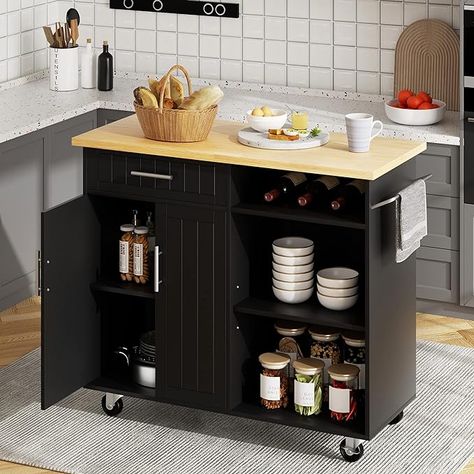 Amazon.com: SUNLEI Kitchen Island on Wheels with Storage Cabinet & Drawer, 42" Multifunction Kitchen Cart Cabinet with Shelves, Cart Handle for Towel Rack or Free Mobility, Portable Islands for Kitchen(Black) : Home & Kitchen Portable Island, Island On Wheels, Table On Wheels, Portable Kitchen Island, Kitchen Island On Wheels, Island Cart, Black Kitchen Island, Rolling Kitchen Island, Kitchen Island Cart