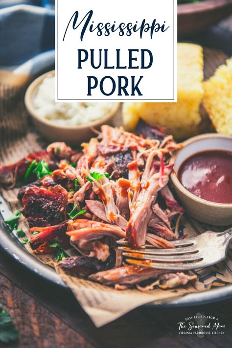 Just 5 ingredients and 5 minutes of prep make this Mississippi pulled pork crispy on the outside and tender and juicy on the inside! Serve the pork shoulder roast on a sandwich, in tacos, over a salad, or paired with all of your favorite Southern sides. It's an easy dinner recipe that the whole family will love! Southern Sides, Pulled Pork Oven, Pot Roast Crock Pot Recipes, Easy Pulled Pork, Pork Shoulder Recipes, Pulled Pork Nachos, Pulled Pork Leftovers, Pulled Pork Tacos, Shoulder Roast