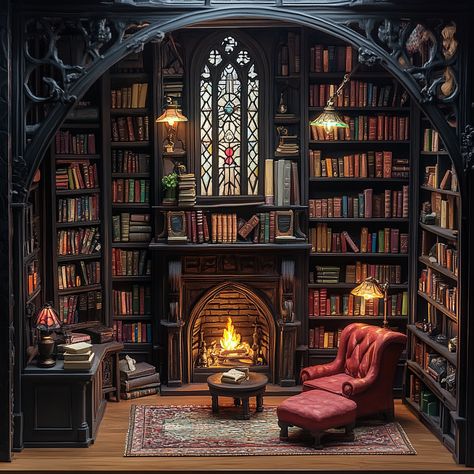 old gothic library, old books on all shelves, stained glass lamp, large velvet stuffed chairs Vampire Library, Gothic Library, Stained Glass Lamp, Lamp Large, Red Chair, Miniature Rooms, Stained Glass Lamps, Dark Room, Old Books