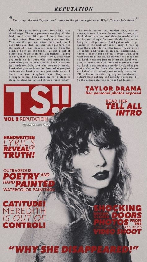 Reputation Magazine, Reputation Poster, Reputation Era, Swift Lyrics, Taylor Swift Posters, All About Taylor Swift, Taylor Swift Songs, Long Live Taylor Swift, Taylor Swift Wallpaper