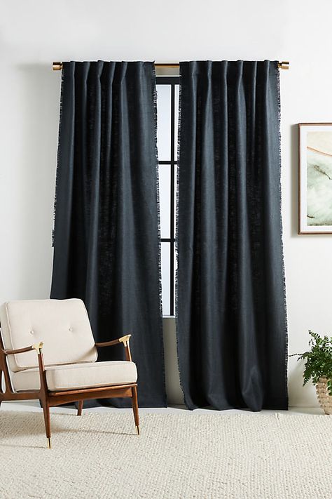 Moody Window Treatments, Dark Curtains Bedroom, Blue Living Room Curtains, Black Linen Curtains, Bedroom Curtains Master, Peru House, Bedroom Palette, Dark Blue Curtains, Aesthetic Advice