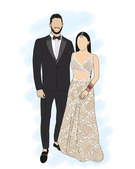 Indian Wedding Reception Custon Illustraion - Formal Couple Portrait - Minimalist Indian Wedding Art - Unique Custom Illustration - Lengha Suit Cocktail Hour Sign Reception Illustration Couple, Reception Caricature Indian, Engagement Illustration Couple, Reception Caricature, Minimalist Indian Wedding, Cocktail Hour Sign, Engagement Illustration, Wedding Couple Illustration, Formal Couple