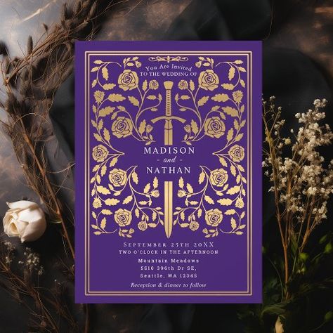 $2.30 | Purple Royal Medieval Gold Sword Wedding | Wedding Invitations | elegant, floral frame, flowers, floral, royal, medieval, gold, sword, middle ages, fantasy wedding Gold Bridal Party, Royal Wedding Invitation, Frame Flowers, Purple Wedding Invitations, Reception Dinner, Fantasy Wedding, Blue Wedding Invitations, I Got Married, Elegant Wedding Invitations