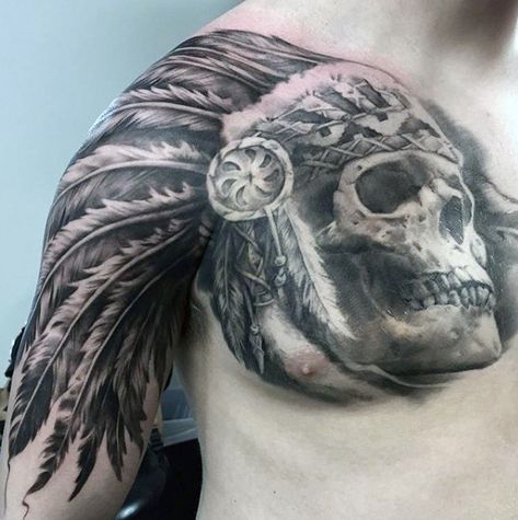 Native American Warrior Tattoos, Tattoo Designs Skull, Indian Headdress Tattoo, Headdress Ideas, Chest Tattoos For Men, Tatuaje Cover Up, Indian Skull Tattoos, Native American Tattoo Designs, Headdress Tattoo