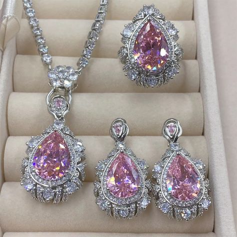 Elegant Pink Crystal Cubic Zircon Women's Sterling 925 Silver Necklace Ring Earring Princess Wedding Engagement Fine Jewelry Set - AliExpress 36 Ring Earring, Turkish Jewelry, Necklace Ring, Princess Wedding, Silver 925 Necklace, Gorgeous Jewelry, Gorgeous Necklaces, Pink Crystal, Barbie Fashion