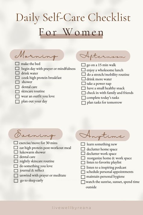 Daily Self-Care Routine Checklist for Women Daily Self Care, Self Care Checklist, Post Workout Protein, Routine Checklist, Self Care Bullet Journal, Post Workout Food, Get My Life Together, Workout Moves, Wellness Routine