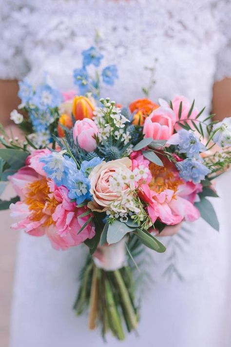 Wedding floral decoration at Ktima 48 Pink Orange And Blue Bouquet, Pink Orange And Blue Wedding Colors, Summer Flowers For Wedding, Blue Pink Orange Bouquet, Summer Floral Bouquets, Flowers For Blue Dress, Colorful Hydrangea Bouquet, Colorful Bouquet Prom, Bright Colored Bouquets