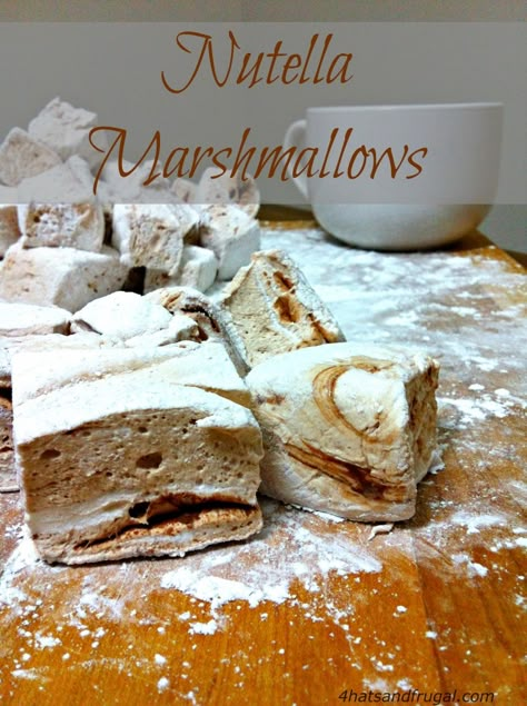 Nutella Marshmallows - 4 Hats and Frugal How To Make Nutella, Homemade Marshmallow Recipe, Gourmet Marshmallow, Flavored Marshmallows, Homemade Nutella, Marshmallow Treats, Recipes With Marshmallows, Homemade Marshmallows, Nutella Recipes