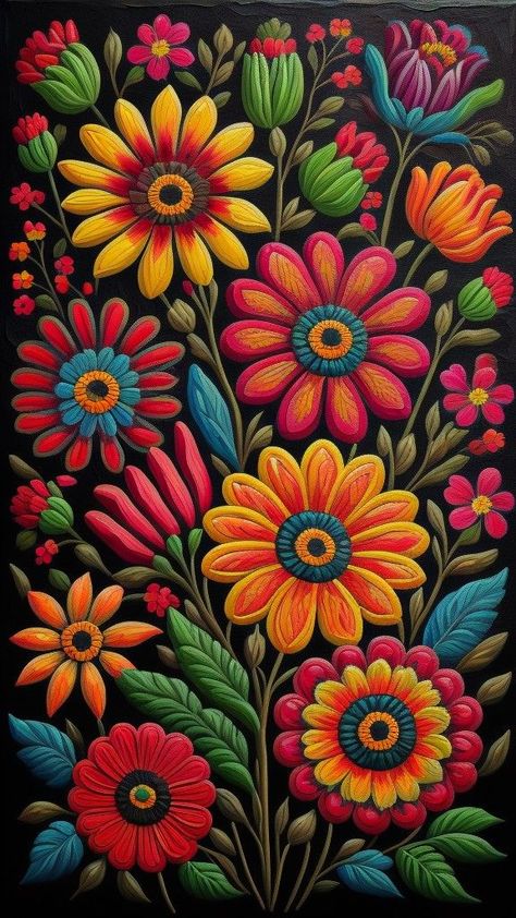 Mexican Colorful Art, Mexican Floral Art, Vintage Flower Painting Acrylic, Mexican Folk Art Pattern, Mexican Art Traditional, Mexican Floral Pattern, Aztec Flower, Mexican Art Painting, Mexican Colors