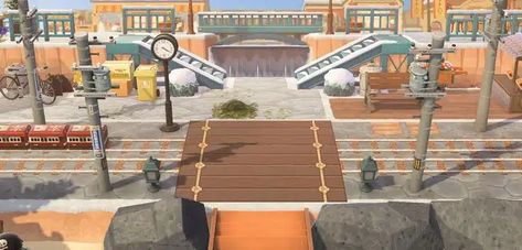 Animal Crossing Train Station Entrance, Acnh Train Station Entrance, Acnh Urban Entrance, Acnh City Entrance, Acnh Steampunk, Acnh Entrance Ideas, Train Station Entrance, Farm Acnh, Animal Crossing Entrance Ideas