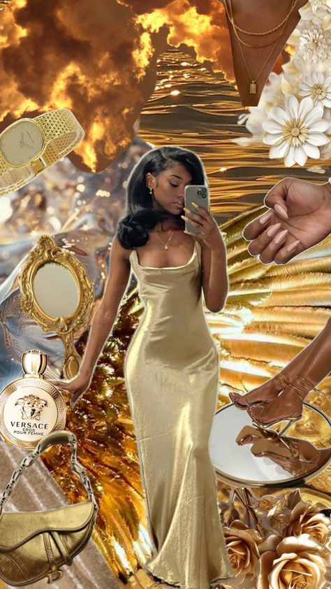 1.	Vision board featuring a beautiful Black woman in a golden Versace-inspired dress, Versace Eros Pour Femme perfume, Dior saddlebag, Piguet watch, luxury mirrors, white and gold flowers, nude and natural summer nails, and a glamorous blowout hairstyle. 	2.	Gilded glamour vision board with a stunning Black woman in a golden dress, Versace Eros Pour Femme perfume, Dior saddlebag, Piguet watch, elegant mirrors, white and gold flowers, nude summer nails, and old Hollywood blowout hairstyle. Natural Summer Nails, Glam Party Outfit, Hollywood Glam Dress, Versace Eros Pour Femme, Gilded Glamour, Classy Prom, Glamour Outfit, Hollywood Dress, Glam Party