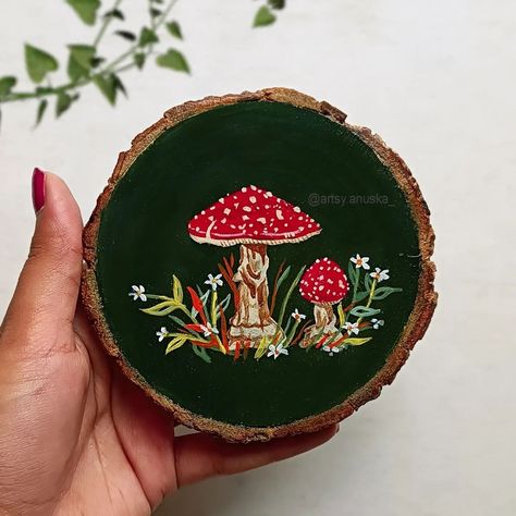 Do you like mushrooms 🍄??? Share your views 👀 . . . . #art #artoftheday #artistsoninstagram #acrylicpainting #woodsliceart #colour #mushrooms #painting #woodslices #drawing #follow #share Mushrooms Painting, Mushroom Painting, Wood Slice Art, Wooden Slices, Wood Burning Art, Round Ornaments, Easy Ideas, Saw Blade, Wood Slices