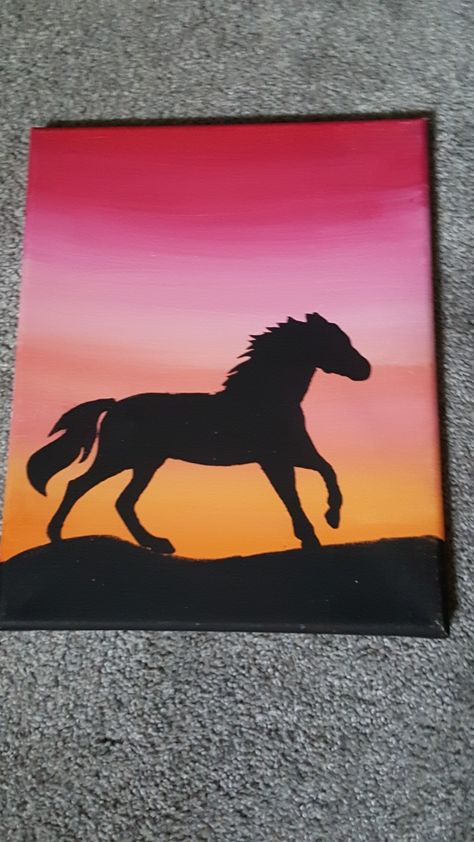 #Horse #Painting #Paint #Galloping #Canvas #Blend #Sunrise Horse Canvas Painting Easy, Easy Horse Painting, Cute Easy Paintings, Horse Canvas Painting, Horse Paintings, Silhouette Canvas, Silhouette Painting, Horse Silhouette, Running Horses