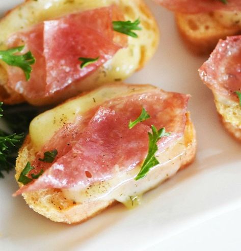 Salami and dill Havarti crostini | Castello Picnic Sandwiches, Cheese Course, Havarti Cheese, Fontina Cheese, Roasted Nuts, Twice Baked, Twice Baked Potatoes, Cheese Serving, Garden Recipes