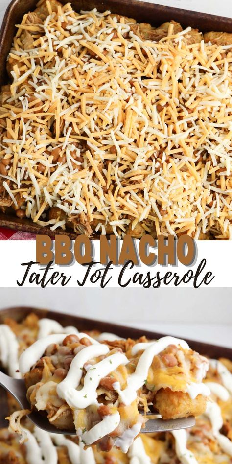 Bbq Chicken Tater Tot Casserole, Bbq Tater Tots, Bbq Tater Tot Casserole, Things To Make With Tater Tots, Bbq Totchos, Tater Tot Casserole With Chicken, Chicken Totchos, Tator Tot Recipe, Tot Recipes