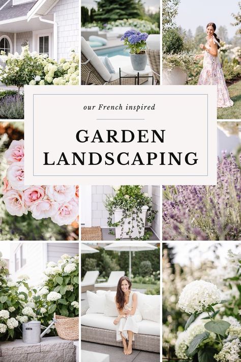 nine photos of French inspired garden landscaping, including lavender, hydrangeas, roses and many more Hydrangeas And Roses Landscape, Cottage Front Garden, French Garden Landscaping, French Country Landscaping, Country Garden Landscaping, French Cottage Garden, Fraiche Living, French Garden Design, Rose Garden Landscape