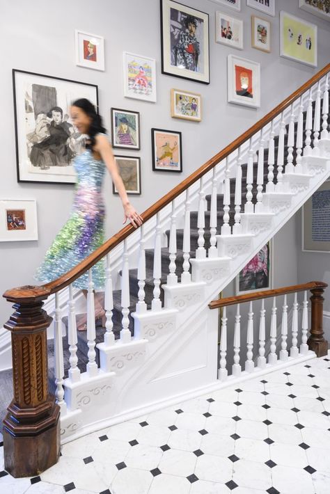 Collector Carla Shen in her home, beside a wall of artworks by Zoya Cherkassky, Darrel Ellis, Alice Wong, Madeline Donahue, Monica Kim Garza, Helen Rae, Elham Rokni, Maira Kalman, Melissa Joseph, and Lane Schott (Shen's daughter). Photo: Casey Kelbaugh. Madeline Donahue, Zoya Cherkassky, Mickalene Thomas, Maira Kalman, Tom Sachs, Brooklyn Museum, Brooklyn Heights, Create Drawing, Salon Style